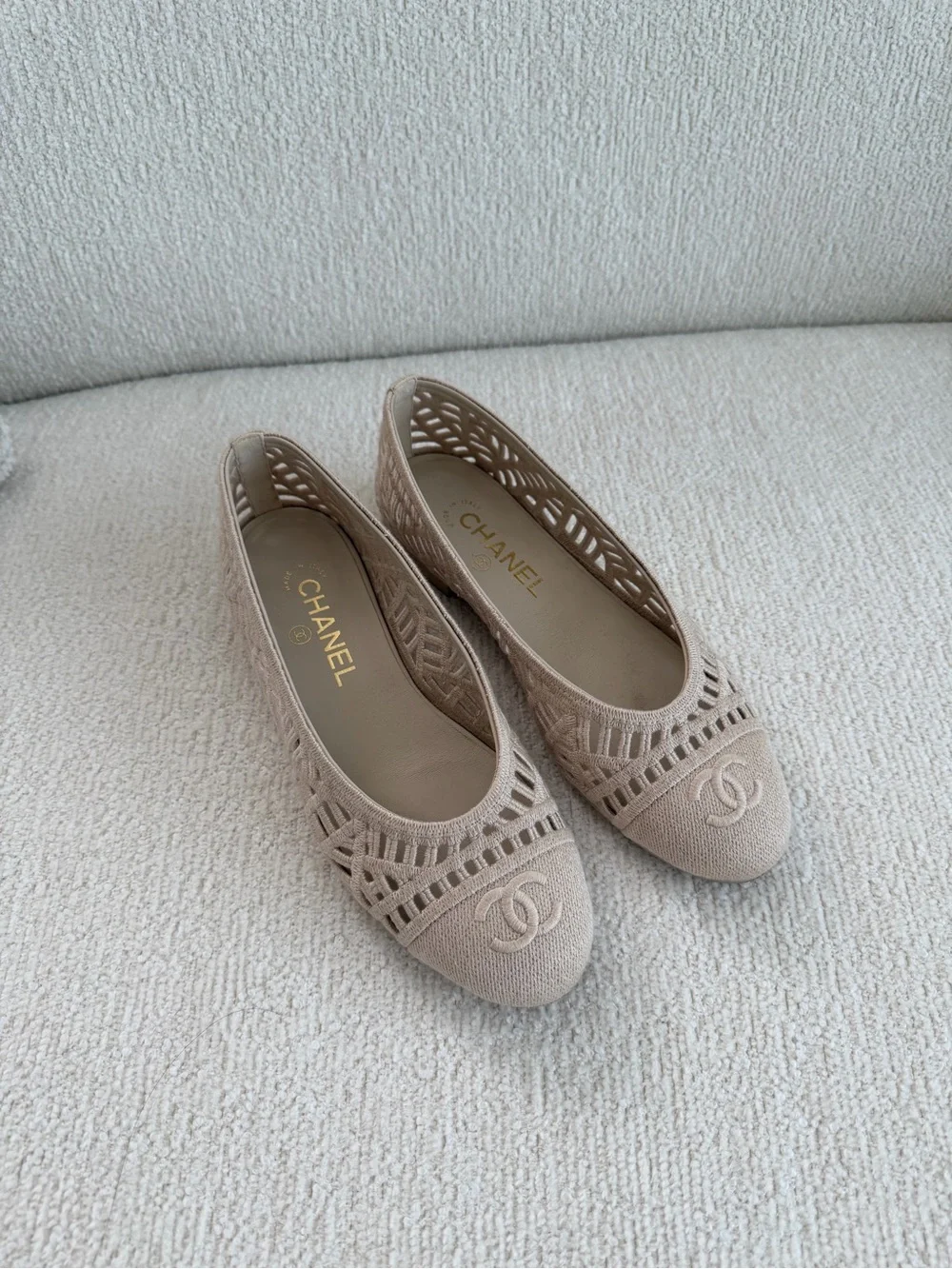 CHANEL Beige Openwork Tweed CC Ballet Flats